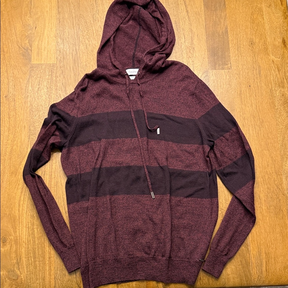 Calvin Klein Men's Maroon and Black Striped Crewneck Sweater